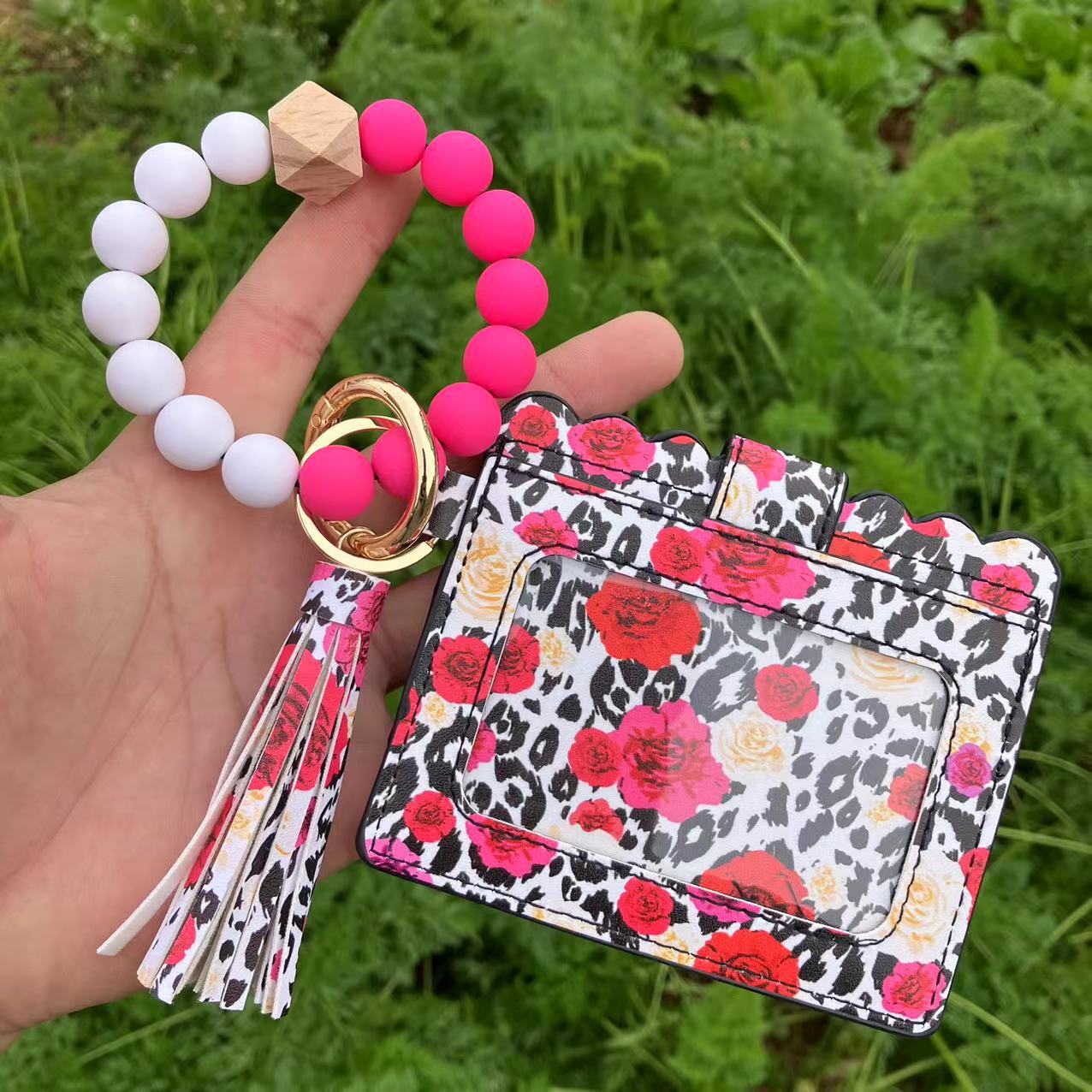 Wholesale Card Holder Pu Tassel Beads Bracelet Wallet Keychain